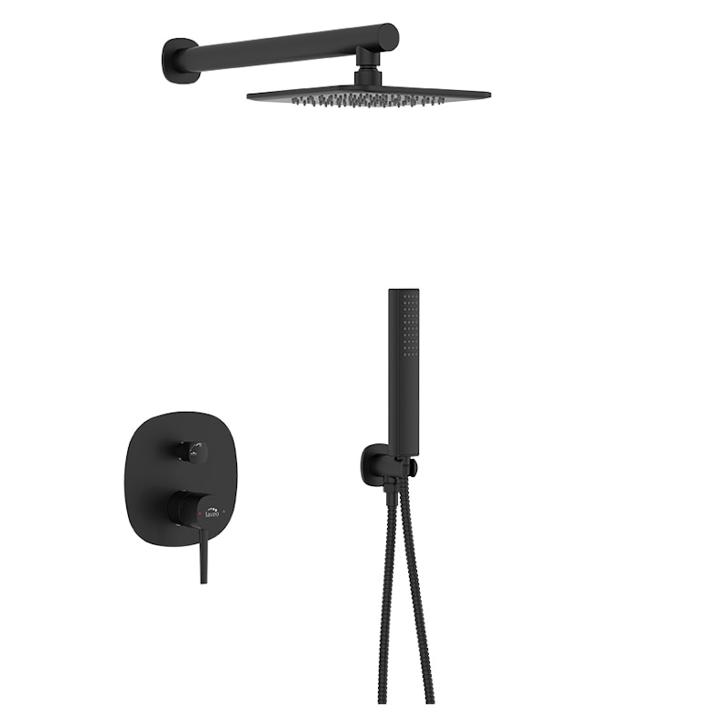 Set dus complet cu baterie incastrata negru, para fixa patrata, Laveo BAP 701P