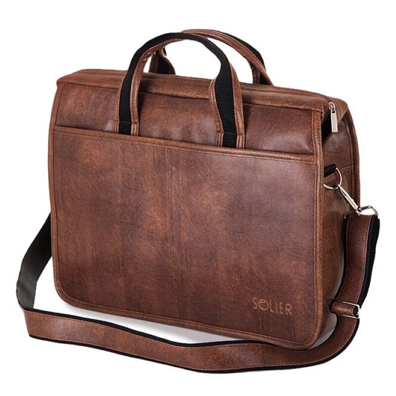 Geanta laptop SOLIER din piele maro vintage