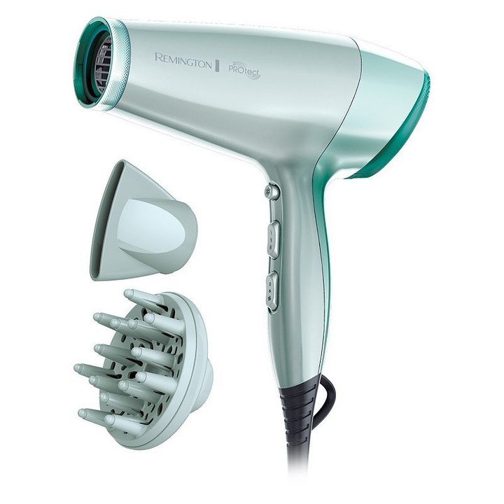 Uscator de Par electric Remington PROtect cu tehnologie inovativa ThermoCare,Putere de 2400 W,Functie Jet de aer rece,Inel Avansat cu Keratina,Greutate scazuta,Agatatoare,Cablu de 1.8m, Verde
