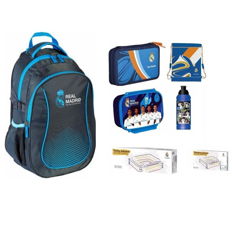 Set Real Madrid pentru scoala, ruscasc, penar, sac pentru pantofi, cutie pentru pranz, sticla de apa, plastilina, acuarele multicolor
