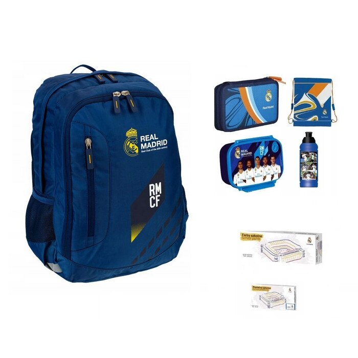 Set ruscac pentru scoala, Real Madrid, penar, sac pentru pantofi, cutie pentru pranz, sticla de apa, plastilina, acuarele, multicolor