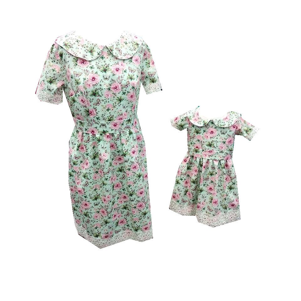 Set mama fiica, Bella, model amelie flowers, verde, masura S si 1 an