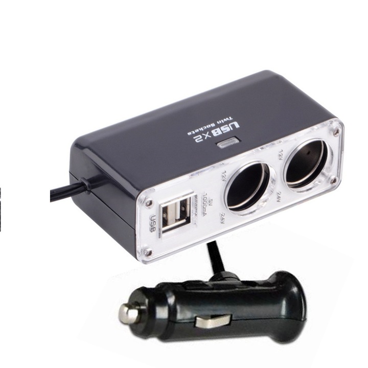 Zik autós elosztó 2 aljzattal és USB kimenettel