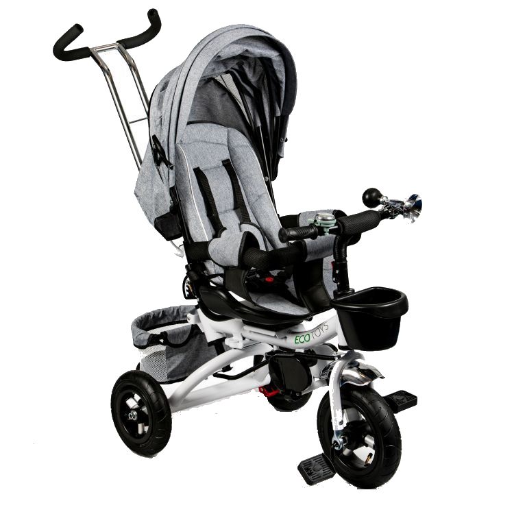 Tricicleta cu maner parental, copertina, 2 cosuri depozitare, centura si claxon, culoare gri