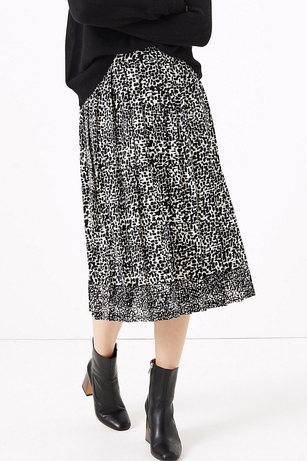 Marks & Spencer, Fusta midi cu talie inalta, Negru/Alb