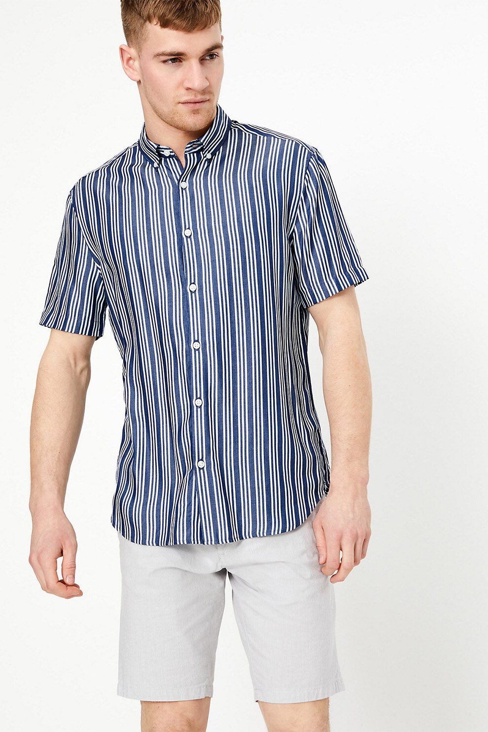 Marks & Spencer, Camasa din lyocell cu dungi si maneci scurte, Bleumarin/Alb, S