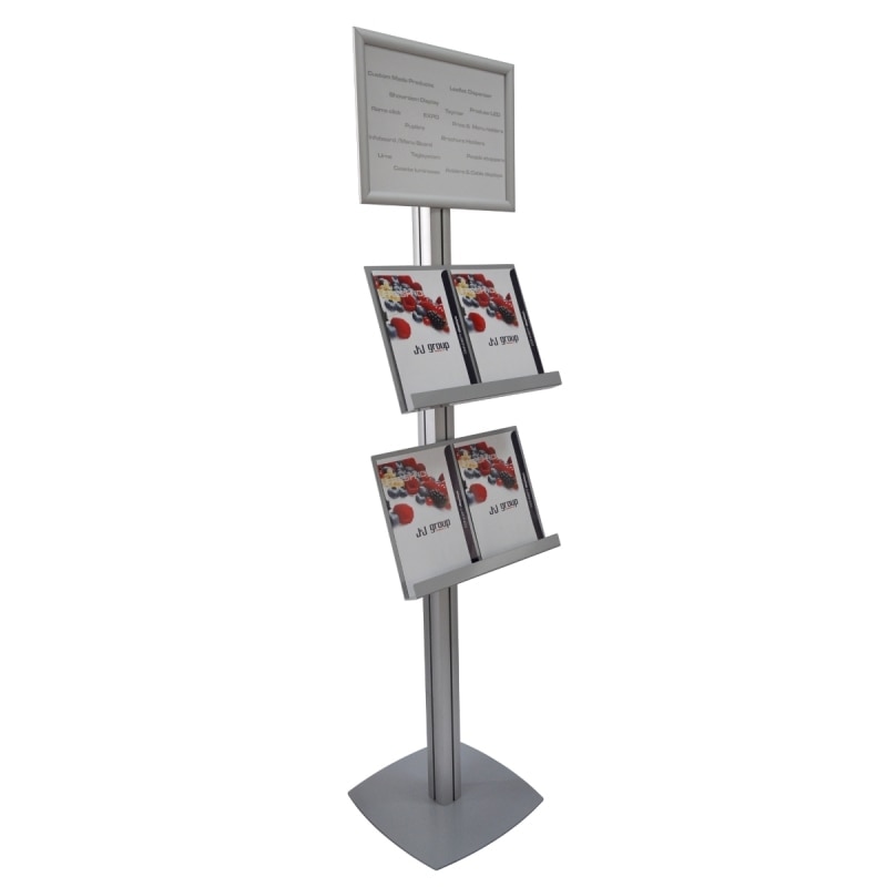 Stand JJ DISPLAYS cu rama click A3 si rafturi pentru pliante, brosuri