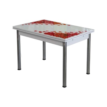 Masa extensibila Rose 110/170x70x75 cm, picioare metalice, Blat lemn/sticla, rosu Masa extensibila Rose 110/170x70x75 cm, picioare metalice, Blat lemn/sticla, rosu