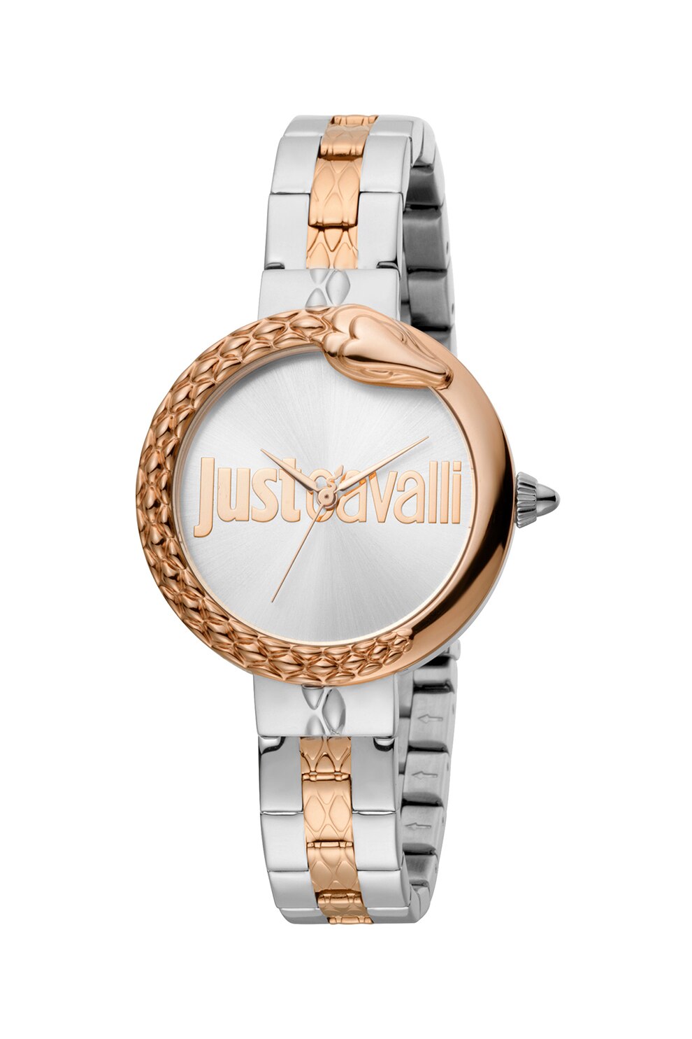 JUST CAVALLI, Ceas rotund cu model sarpe in relief, Argintiu/Auriu rose