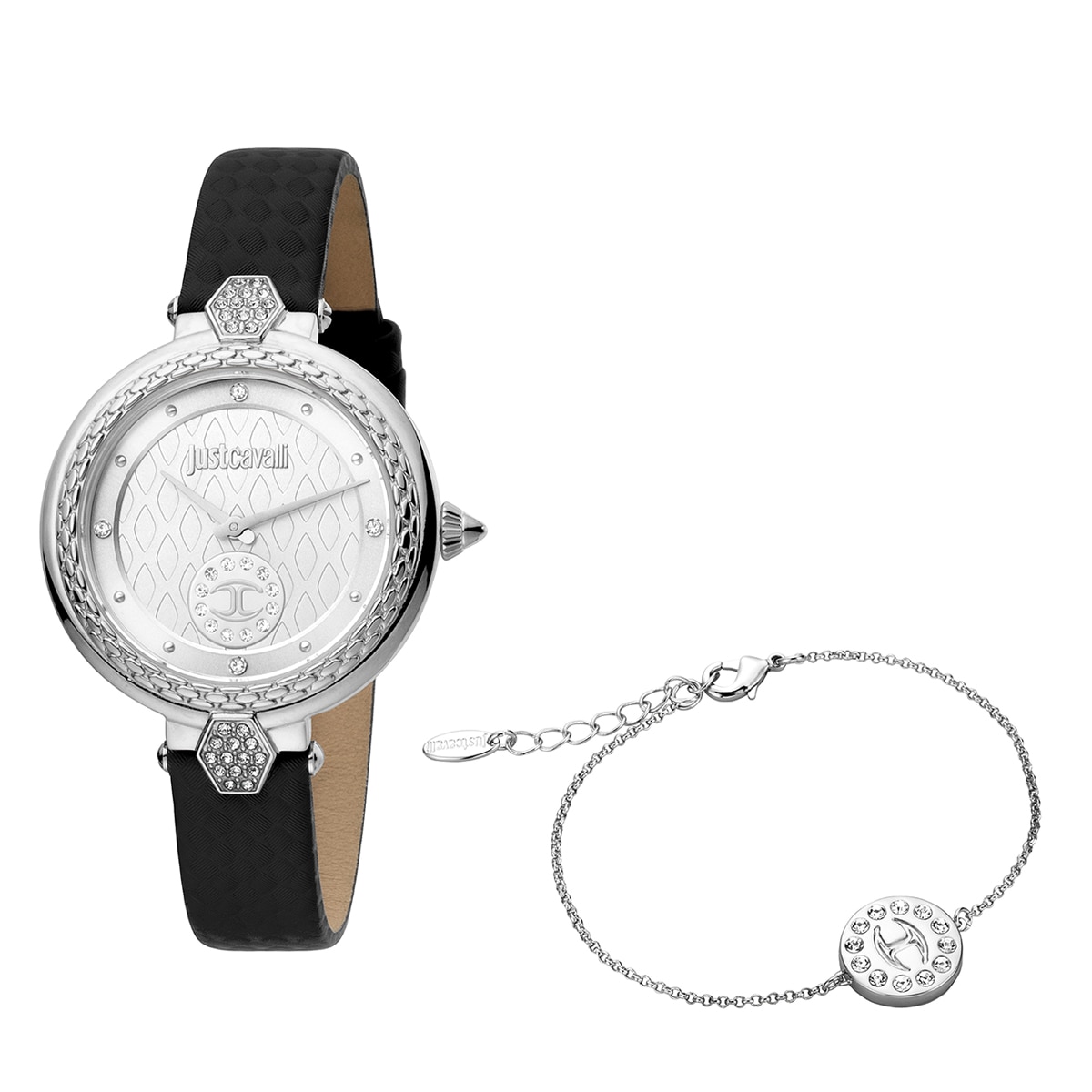 JUST CAVALLI, Set de bratara si ceas cu o curea de piele, decorat cu zirconia, Negru/Argintiu