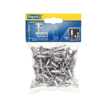 Nituri Standard Rapid diametru 4.8mm x 14mm, aluminiu, 100buc/set, 5000381 Nituri Standard Rapid diametru 4.8mm x 14mm, aluminiu, 100buc/set, 5000381