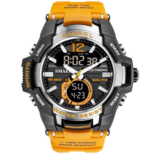 Ceas de mana barbatesc, Smael, Digital, Dual-Time, Stil army, Militar, Sport, Rezistent la socuri, Cadran luminos, Cronograf, Cronometru, Alarma, Orange