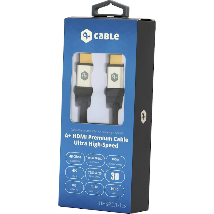 Cablu A+ HDMI 2.1 V, UHSP2.1-1.5, tata-tata, 8K, Ethernet, aurit, 1.5 m