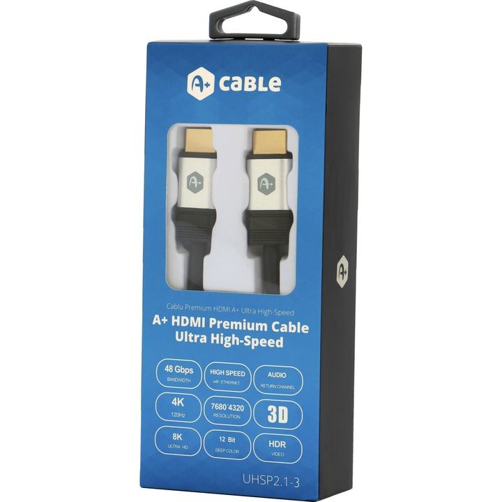 Кабел A+ HDMI 2.1 V, UHSP2.1-3, Мъжко-мъжко, 8K, Ethernet, Позлатен, 3 м