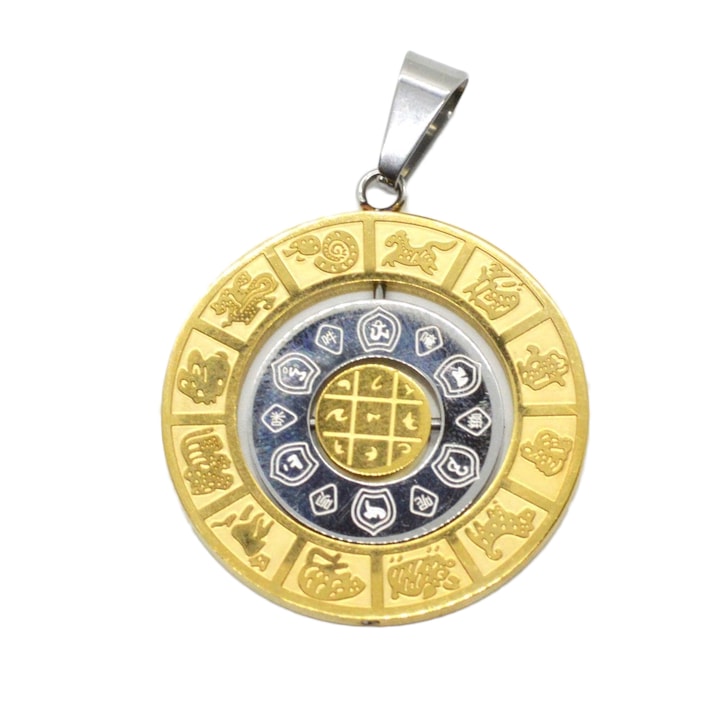 Amuleta feng shui cu cele 8 simboluri tibetane, 12 zodii si silaba HRIH, din metal, multicolor, diametru 4.5 cm