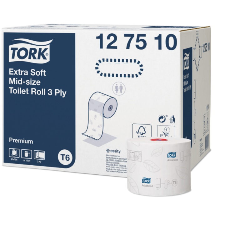 Set 27 Role Hartie Igienica Extra Soft de Dimensiuni Medii, Tork, Alb, 70 m, T6