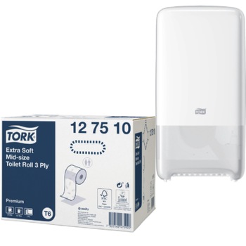 Set 27xHartie igienica Tork Premium T6, 127510, 3 straturi si Dozator Tork pentru Hartie Igienica TWIN T6, 557500, culoare alb Set 27xHartie igienica Tork Premium T6, 127510, 3 straturi si Dozator Tork pentru Hartie Igienica TWIN T6, 557500, culoare alb