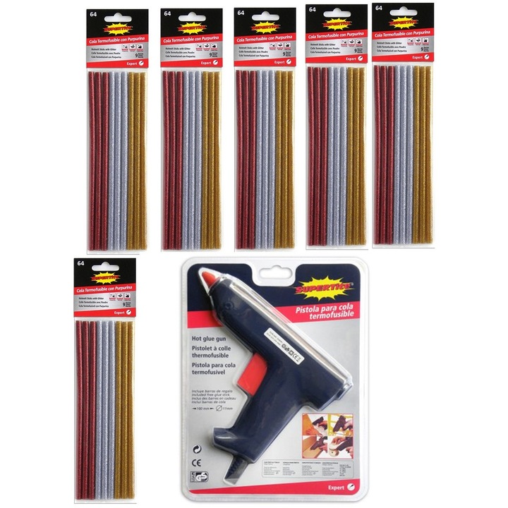 Hőpisztoly és Supertite szilikonrudak csomag- 1 db Maxi hőlégfúvó melegforrasztáshoz, Supertite + 6 db Glitter szilikon pálca melegforrasztó pisztolyhoz 3 szín 20cm*7mm 9 db/készlet
