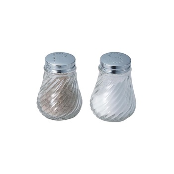 Set solnita din sticla cu capac inox, pentru sare si piper, 4x4x7cm Set solnita din sticla cu capac inox, pentru sare si piper, 4x4x7cm
