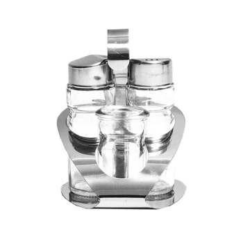 Set solnita din sticla cu suport, capac inox, pentru sare, piper si scobitoare Set solnita din sticla cu suport, capac inox, pentru sare, piper si scobitoare