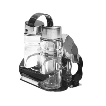 Set solnita din sticla cu suport, capac inox, pentru sare, piper si servetele Set solnita din sticla cu suport, capac inox, pentru sare, piper si servetele