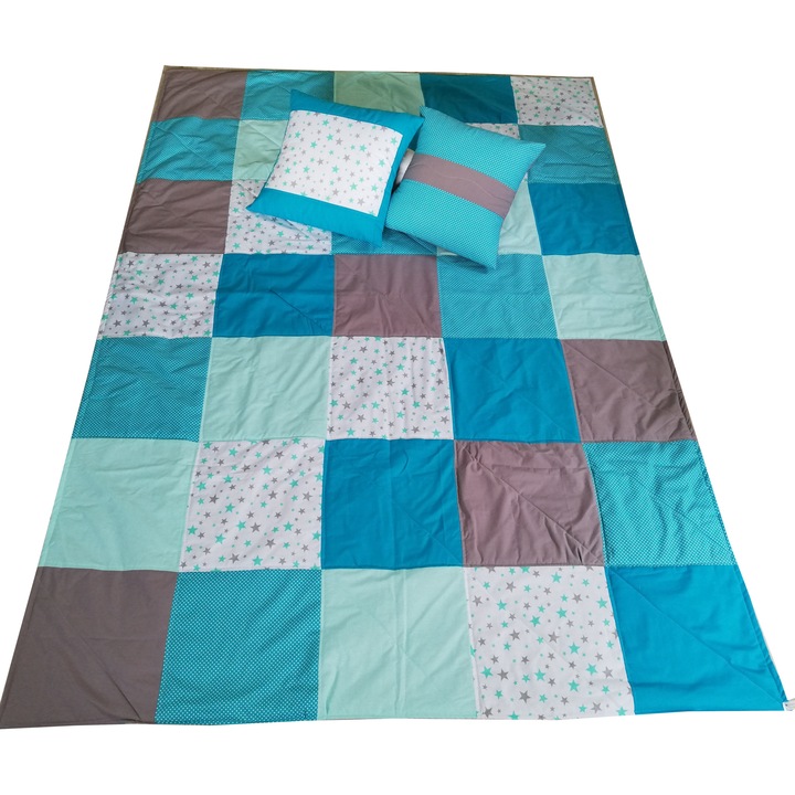 Cuvertura pat junior, 2 perne decor, stele/buline turcoaz cu gri, 140x200 cm, 45x45 cm, 5 piese