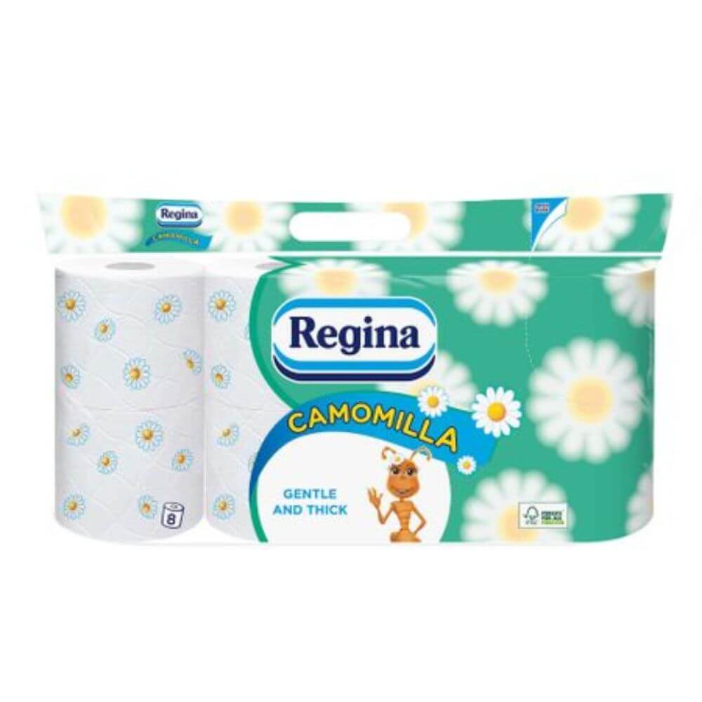 Hartie Igienica Regina Camomilla, 3 Straturi, 8 Role/Bax, 315 Foi/Rola, Latime 12.5 cm, Parfum de Musetel
