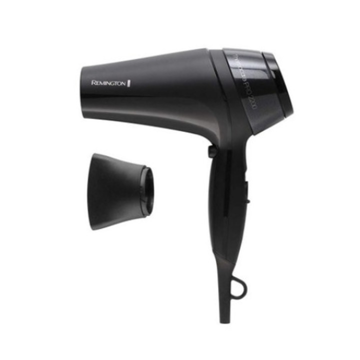 Uscator de par Remington Thermacare Pro, Putere de 2000 W cu performanta de 2200 W, Jet de aer 80km/h, Grila ceramica cu ioni, Caldura uniforma,Efect antistatic, Culoare Negru