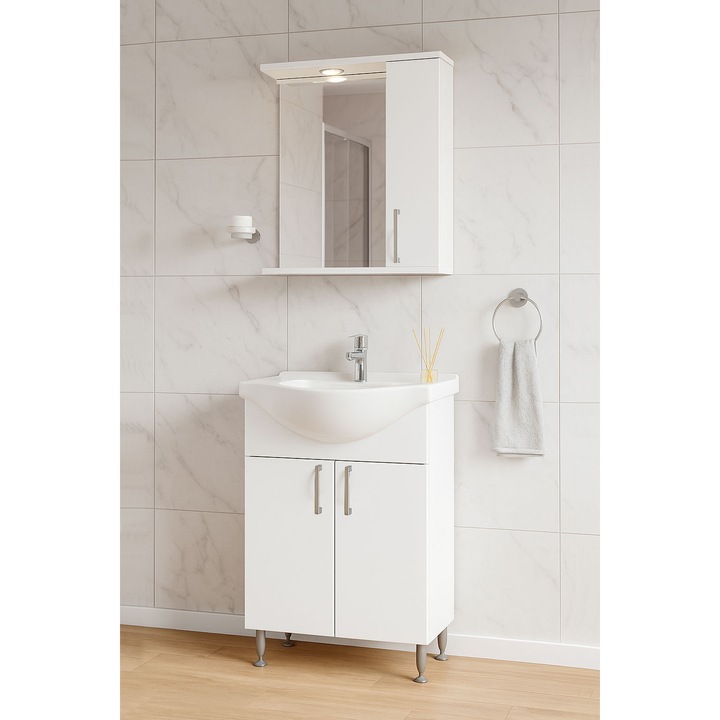 Set baza mobilier si lavoar ceramic+oglinda si dulap iluminare led, Badenmob, seria 001, 55cm, alb