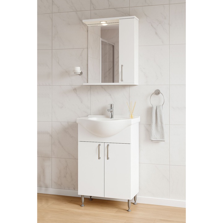 Set baza mobilier si lavoar ceramic + oglinda si dulap iluminare led, Badenmob, seria 001-50cm, alb