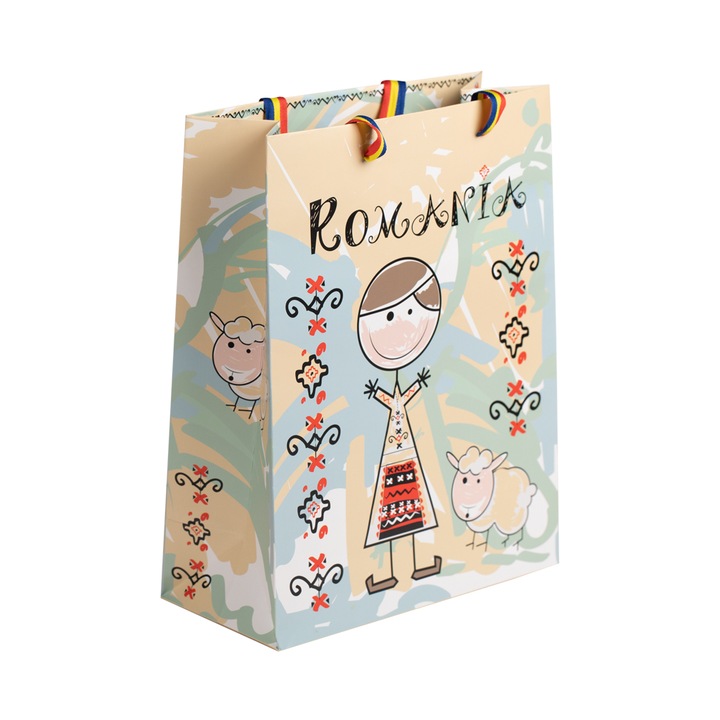 Punga din hartie, Magnetella, 23.5 x 24 x 10 cm, Fetita in port popular, multicolora