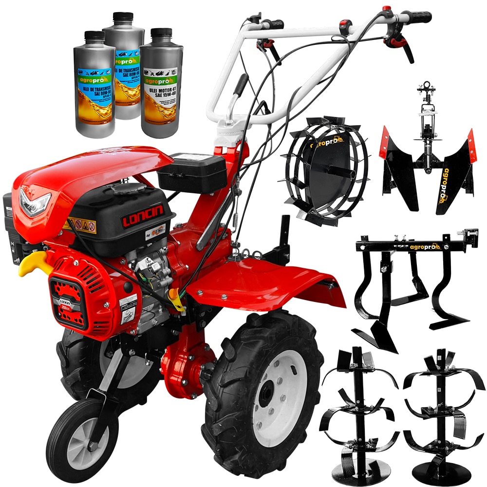 Motocultor profesional, Loncin LC 850, 7 CP, benzina, 2+1 viteze, freze 60-90 cm, roti cauciuc, roti metal, cultivator, plug reversibil, ulei AgroPro