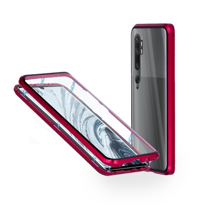 Алуминиев 360-градусов кейс Fashion Case за Xiaomi Mi Note 10, Магнитен, 2 Стъкла, Червен
