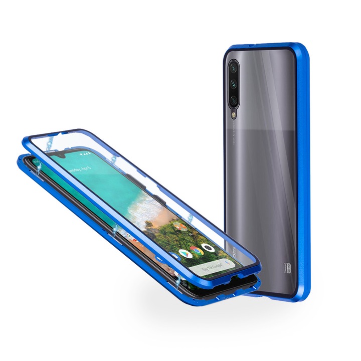 Алуминиев 360-градусов кейс Fashion Case за Xiaomi Mi A3, Магнитен, 2 Стъкла, Син
