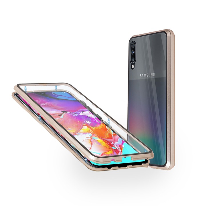 Магнитен 360° калъф за Samsung Galaxy A70 от две части със стъкло отпред и отзад, Алуминиев, Златист