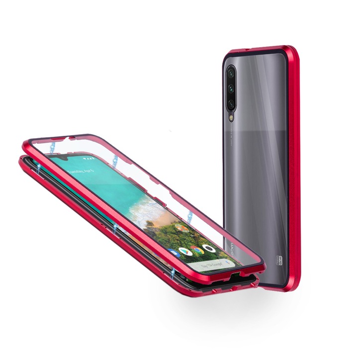 Алуминиев 360-градусов кейс Fashion Case за Xiaomi Mi A3, Магнитен, 2 Стъкла, Червен
