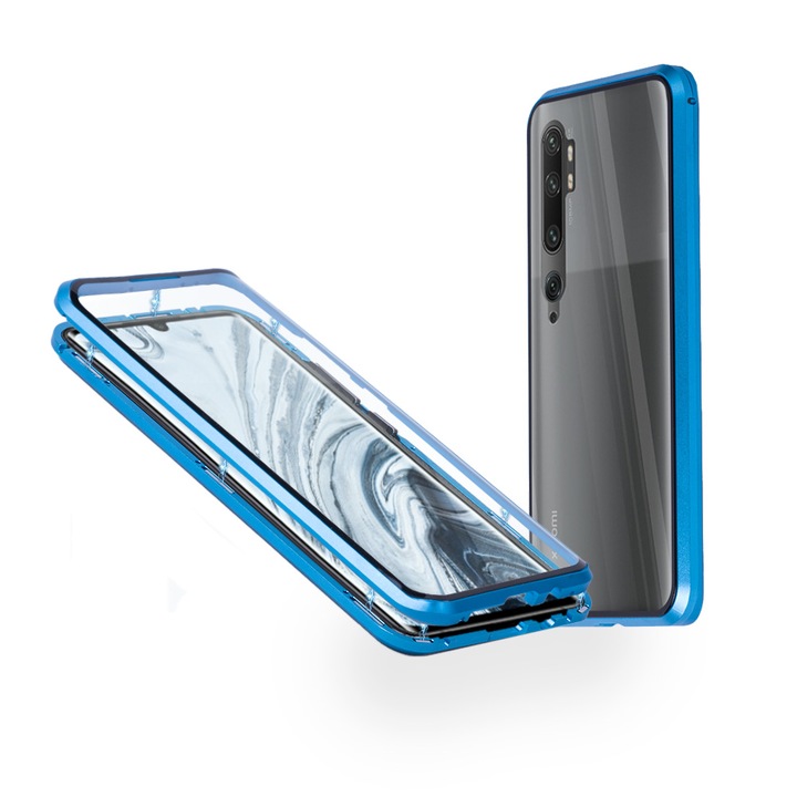 Алуминиев 360-градусов кейс Fashion Case за Xiaomi Mi Note 10, Магнитен, 2 Стъкла, Син