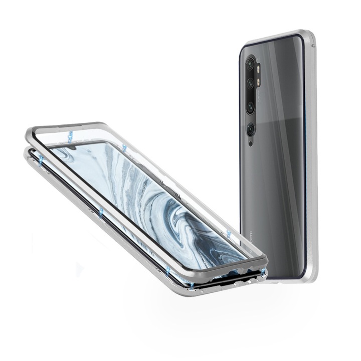 Алуминиев 360-градусов кейс Fashion Case за Xiaomi Mi Note 10, Магнитен, 2 Стъкла, Сребрист