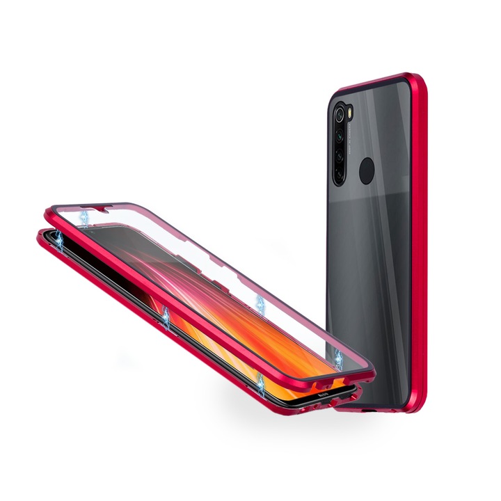 Магнитен 360° Kейс Fashion Case за Xiaomi Redmi Note 8, Стъкло отпред и отзад, 2 Стъкла, Червен