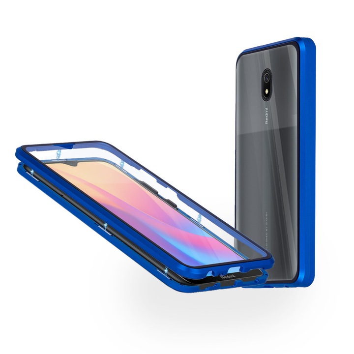 Алуминиев 360-градусов кейс Fashion Case за Xiaomi Redmi 8А, Магнитен, 2 Стъкла, Син