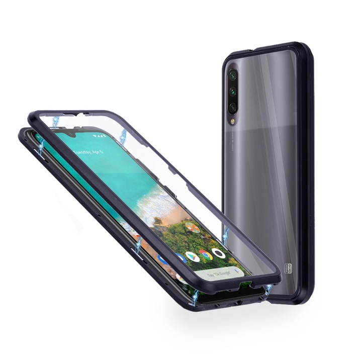 Алуминиев 360-градусов кейс Fashion Case за Xiaomi Mi A3, Магнитен, 2 Стъкла, Черен