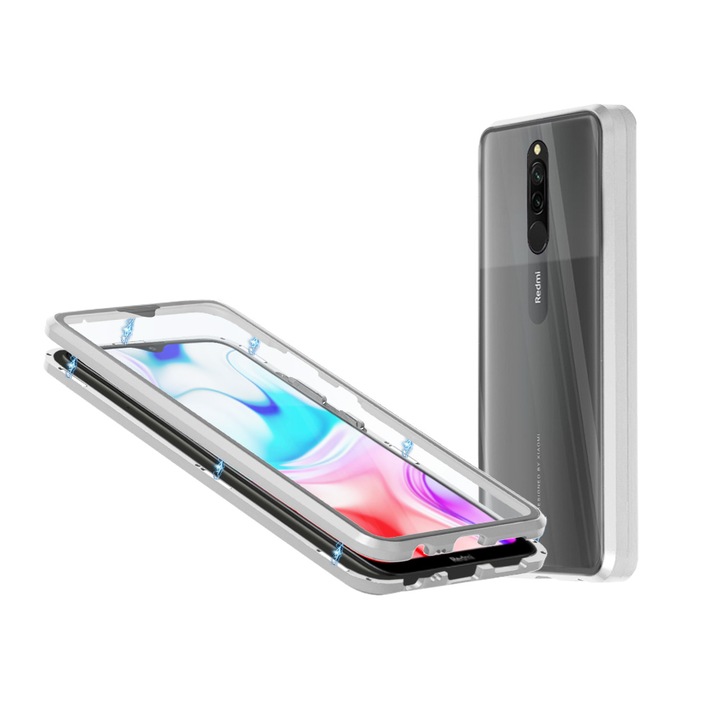 Алуминиев 360-градусов кейс Fashion Case за Xiaomi Redmi 8, Магнитен, 2 Стъкла, Сребрист