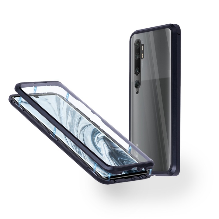 Алуминиев 360-градусов кейс Fashion Case за Xiaomi Mi Note 10, Магнитен, 2 Стъкла, Черен