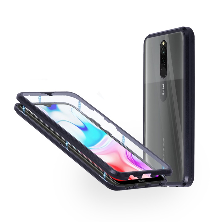 Алуминиев 360-градусов кейс Fashion Case за Xiaomi Redmi 8, Магнитен, 2 Стъкла, Черен