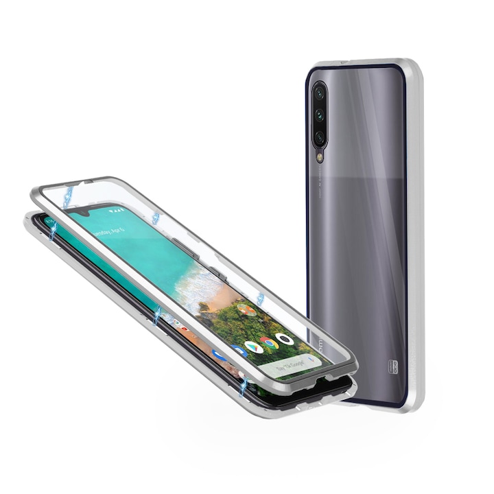 Алуминиев 360-градусов кейс Fashion Case за Xiaomi Mi A3, Магнитен, 2 Стъкла, Сребрист