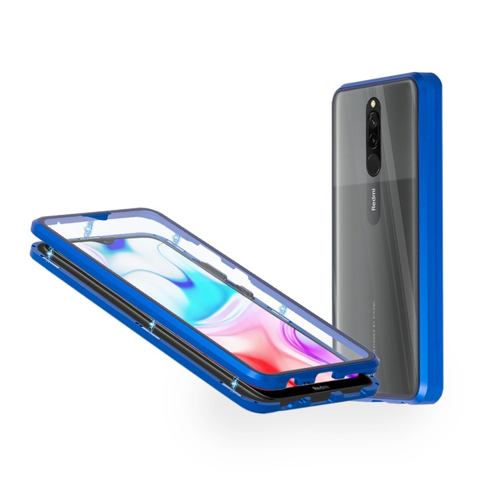Mágneses, 360°-os 2 részes tok Xiaomi Redmi 8 telefonhoz, első és hátsó üveggel, kék