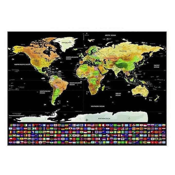 Карта на света MT Malatec, Търкаща се / Скреч, Английски език, Знамена, 82 x 59 см, Многоцветна