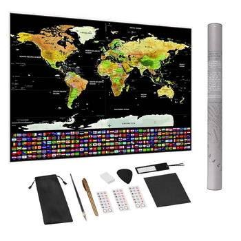 Harta lumii razuibila 82x59 cm, MT Malatec, rigla cu lupa, ace atasare foto, stickere incluse Harta lumii razuibila 82x59 cm, MT Malatec, rigla cu lupa, ace atasare foto, stickere incluse