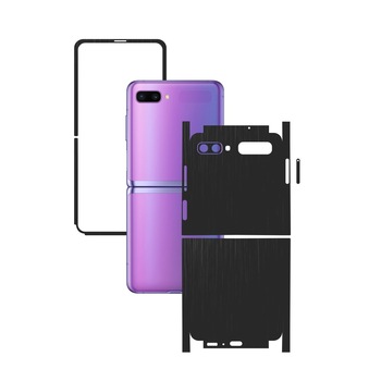 Folie Protectie Carbon Skinz pentru Samsung Galaxy Z Flip - Brushed Negru 360 Cut, Skin Adeziv Full Body Cover pentru Rama Ecran, Carcasa Spate si Laterale
