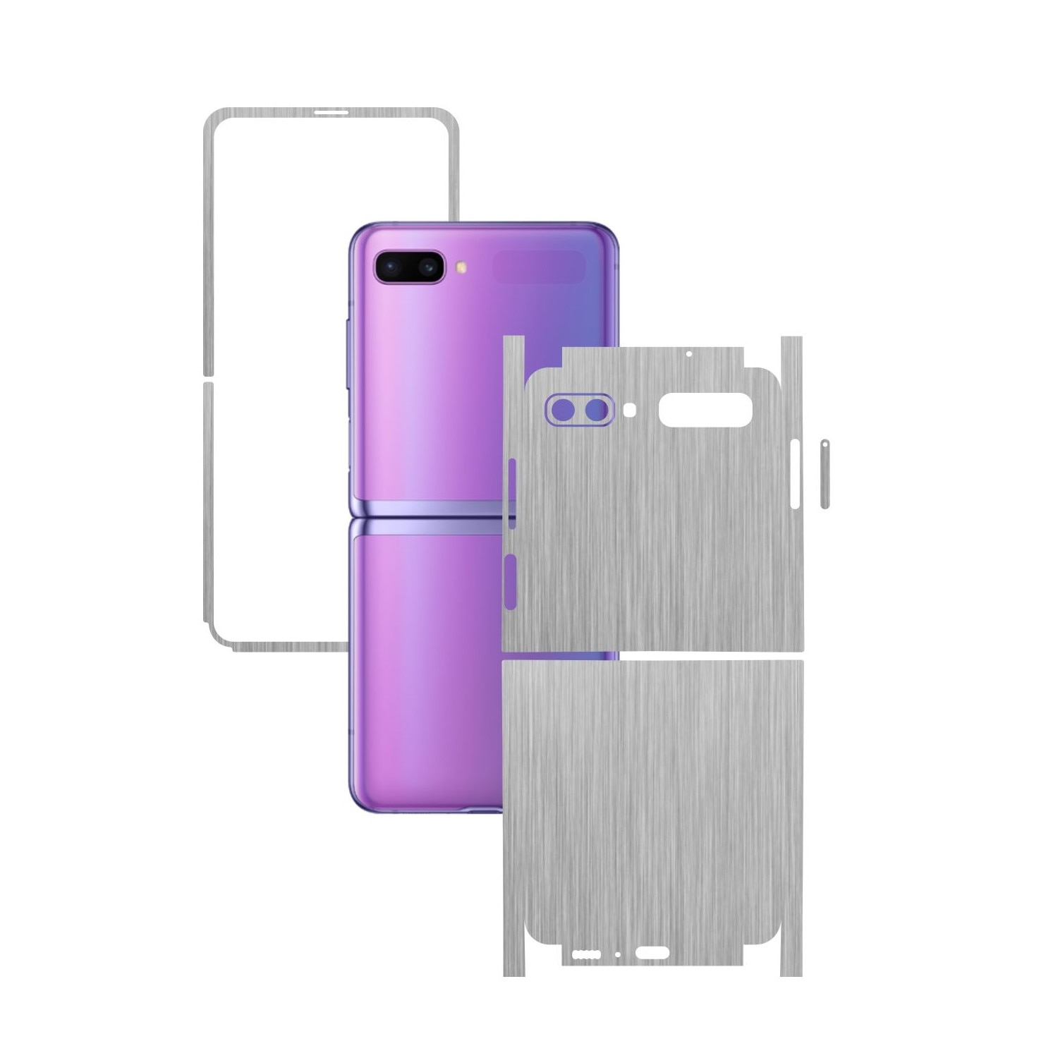 Folie Protectie Carbon Skinz pentru Samsung Galaxy Z Flip - Brushed Argintiu 360 Cut, Skin Adeziv Full Body Cover pentru Rama Ecran, Carcasa Spate si Laterale